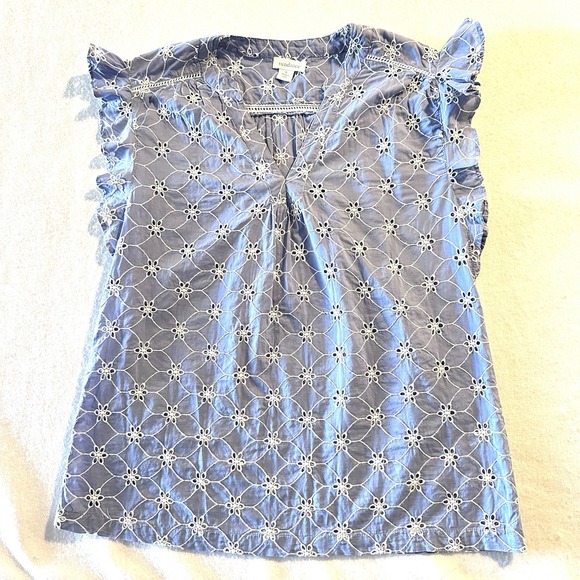 SUNDANCE Small S Florina Embroidered Eyelet‎ Top Blue White Flutter Cap Sleeve - Picture 1 of 8